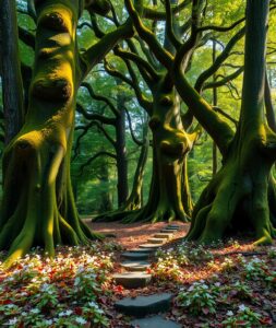 Mystical Sunlight Filtering Through Ancient Trees – free AI stock image