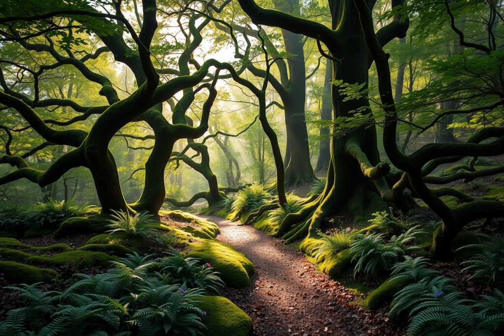 Mystical Sunlight Filtering Through Ancient Trees – free AI stock image