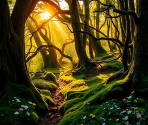 Mystical Sunlight Filtering Through Ancient Trees – free AI stock image