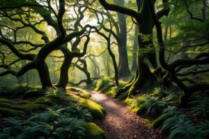 Mystical Sunlight Filtering Through Ancient Trees – free AI stock image