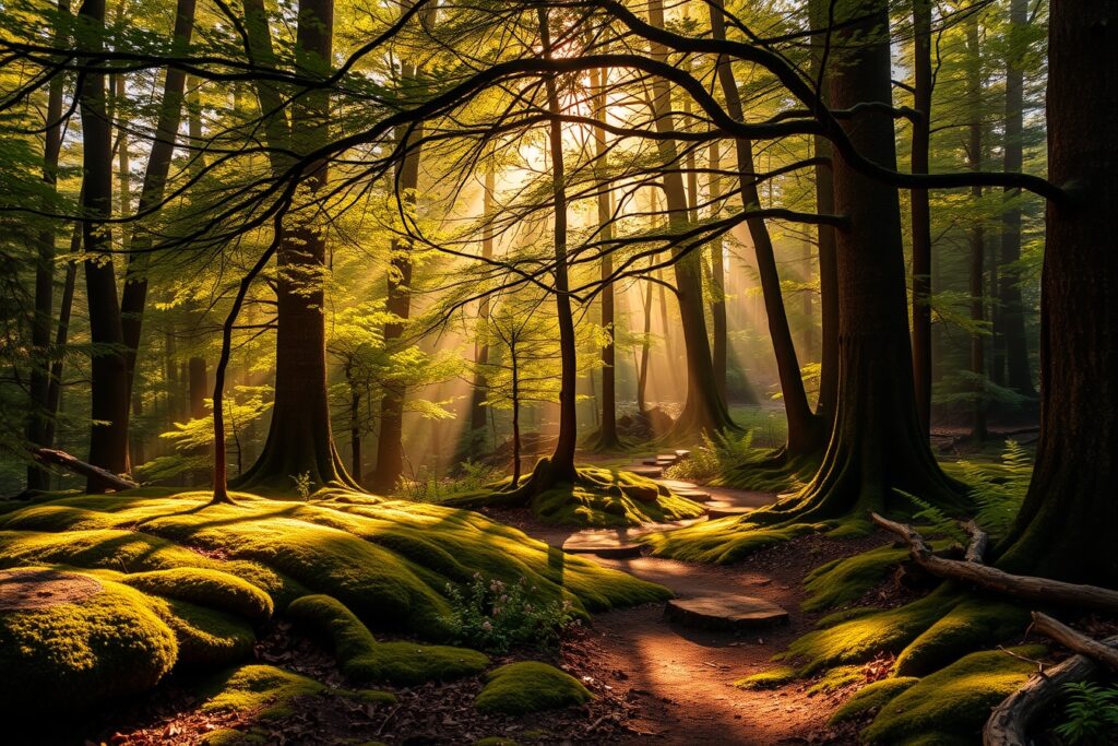 Mystical Sunlight Filtering Through Dense Forest – free AI stock image