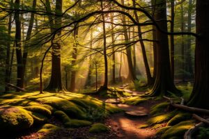 Mystical Sunlight Filtering Through Dense Forest – free AI stock image
