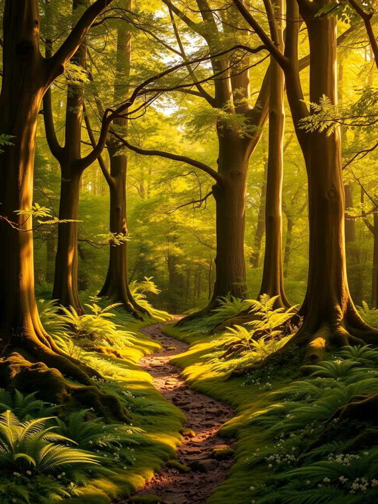 Mystical Sunlight Filtering Through Dense Trees – free AI stock image