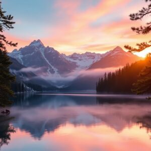 Mystical Sunrise Over Serene Lake – free AI stock image
