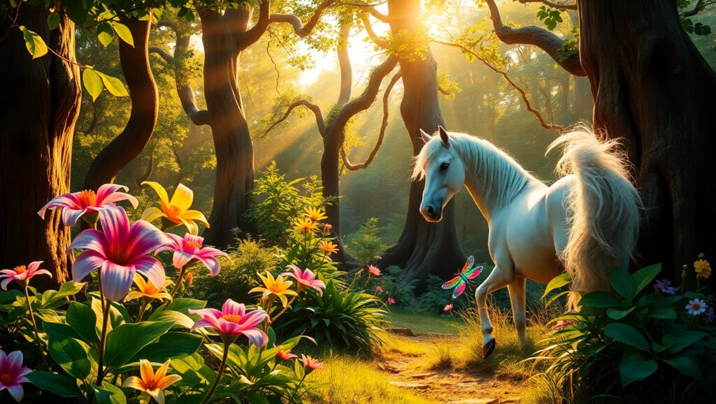 Mystical Sunset in Enchanted Forest – free AI stock image