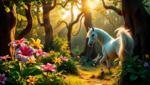 Mystical Sunset in Enchanted Forest – free AI stock image