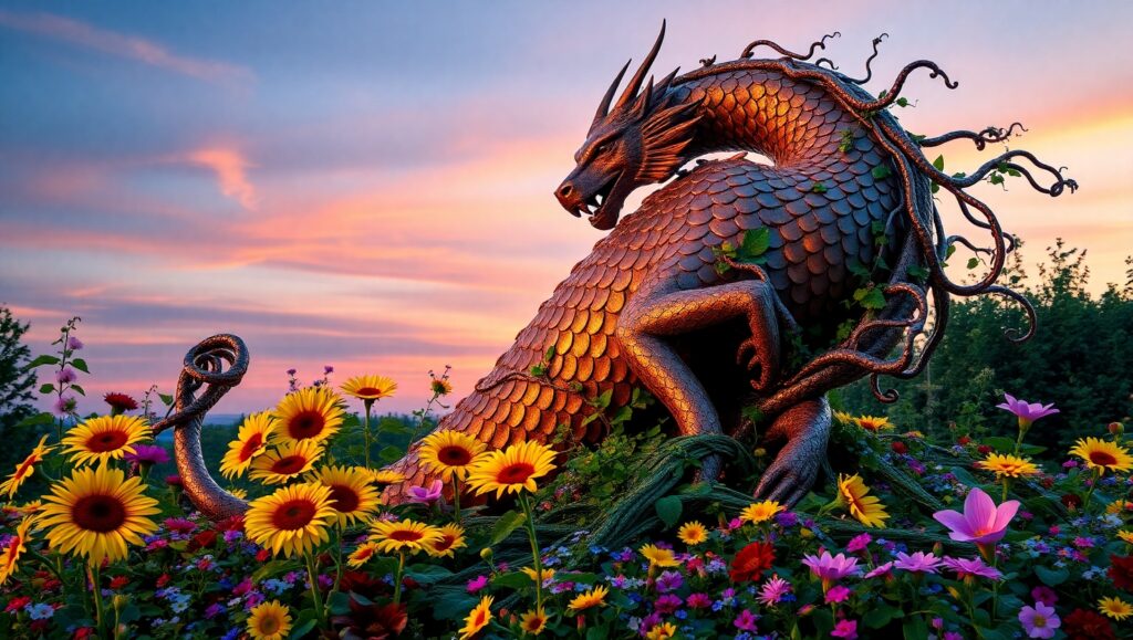 Mythical Bronze Creature in Twilight – free AI stock image