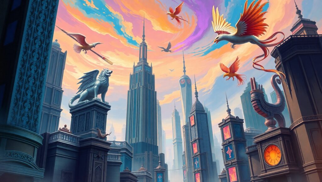Mythical Cityscape Collage – free AI stock image