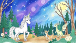 Mythical Creatures in a Starry Forest – free AI stock image