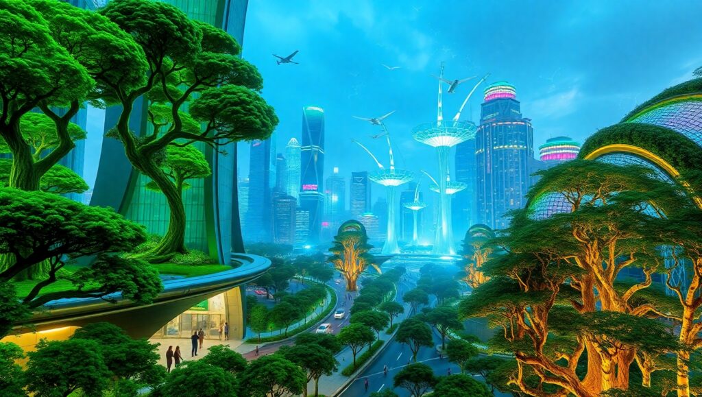 Nature-Infused Futuristic Cityscape – free AI stock image