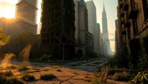 Nature Reclaims Abandoned City at Dusk – free AI stock image