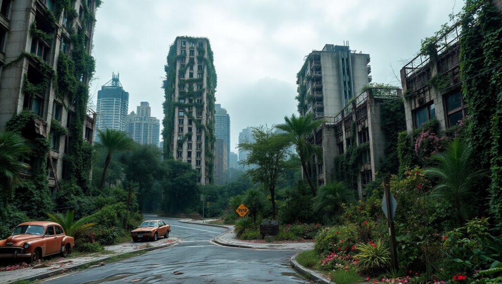 Nature Takes Over the Ruined City – free AI stock image