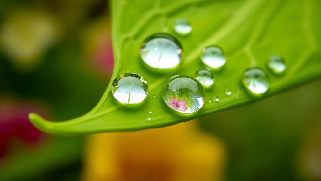 Nature’s Mirror: Dewdrops on Leaves – free AI stock image