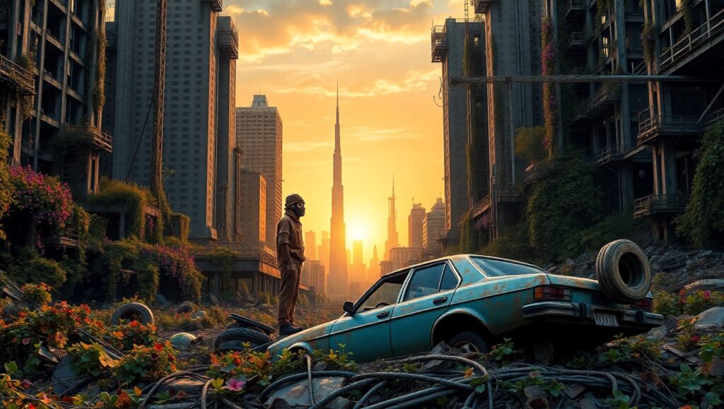 Nature’s Reclaim: A Post-Apocalyptic Scene – free AI stock image
