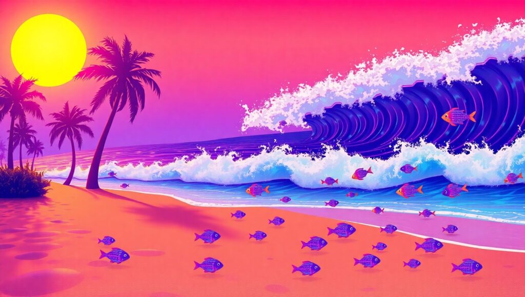 Neon Beach Vibes at Sunset – free AI stock image