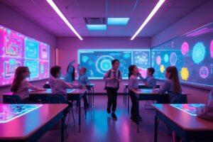 Neon Classroom with Futuristic Technology – free AI stock image