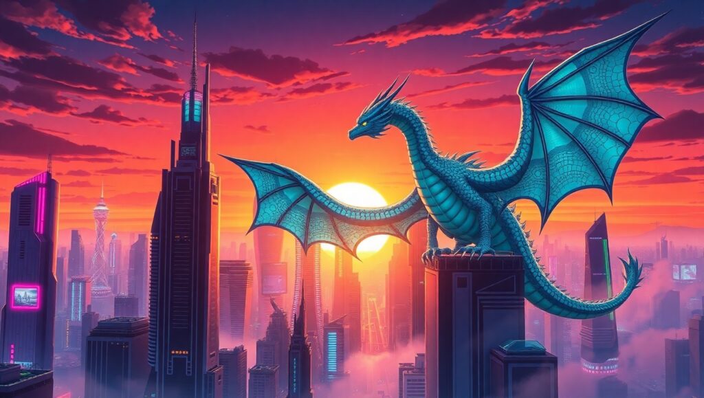 Neon Dragon Over Cityscape – free AI stock image