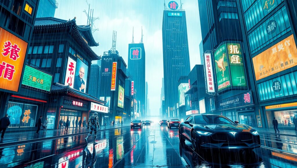 Neon Dreams in a Cyborg City – free AI stock image