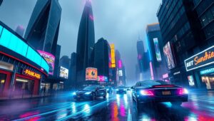 Neon Dreams in a Rainy Future – free AI stock image