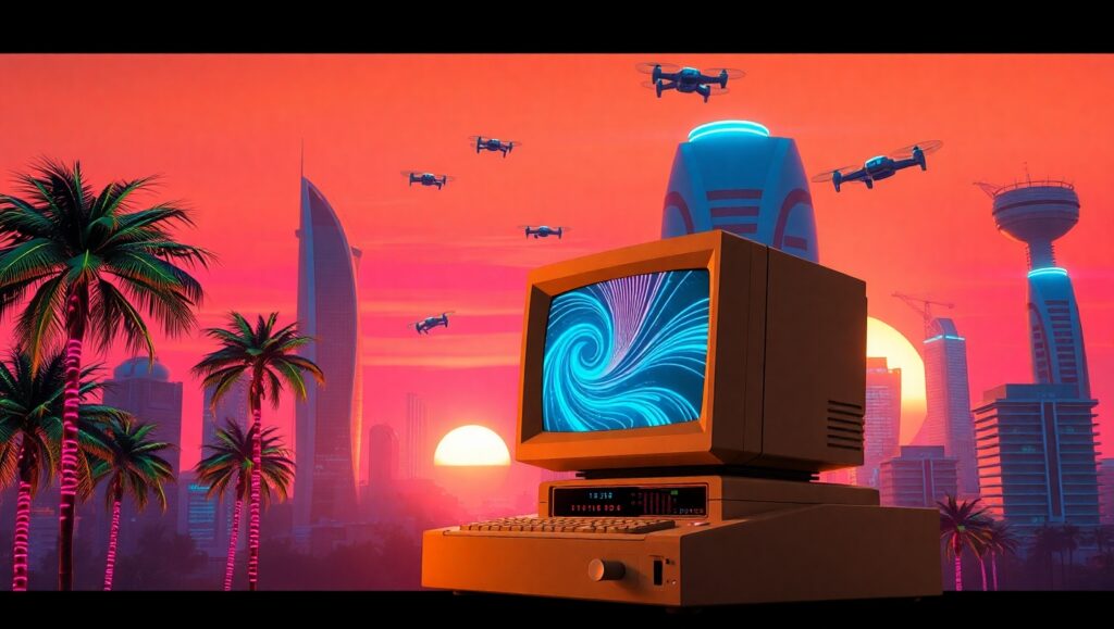 Neon Dreams in a Retro City – free AI stock image