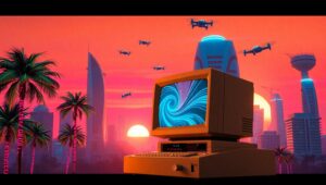 Neon Dreams in a Retro City – free AI stock image