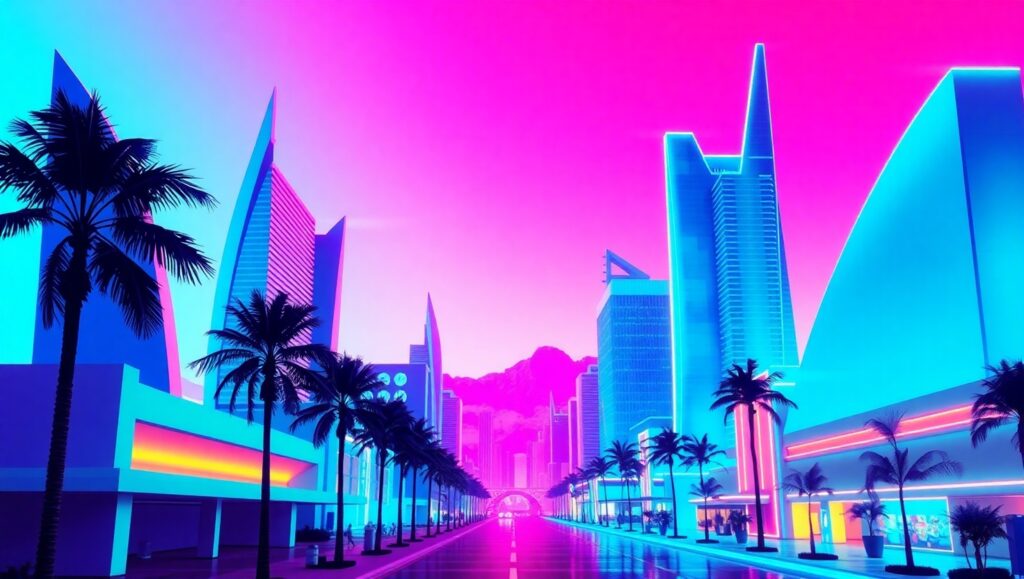 Neon Dreams in a Retro City 5hA – free AI stock image