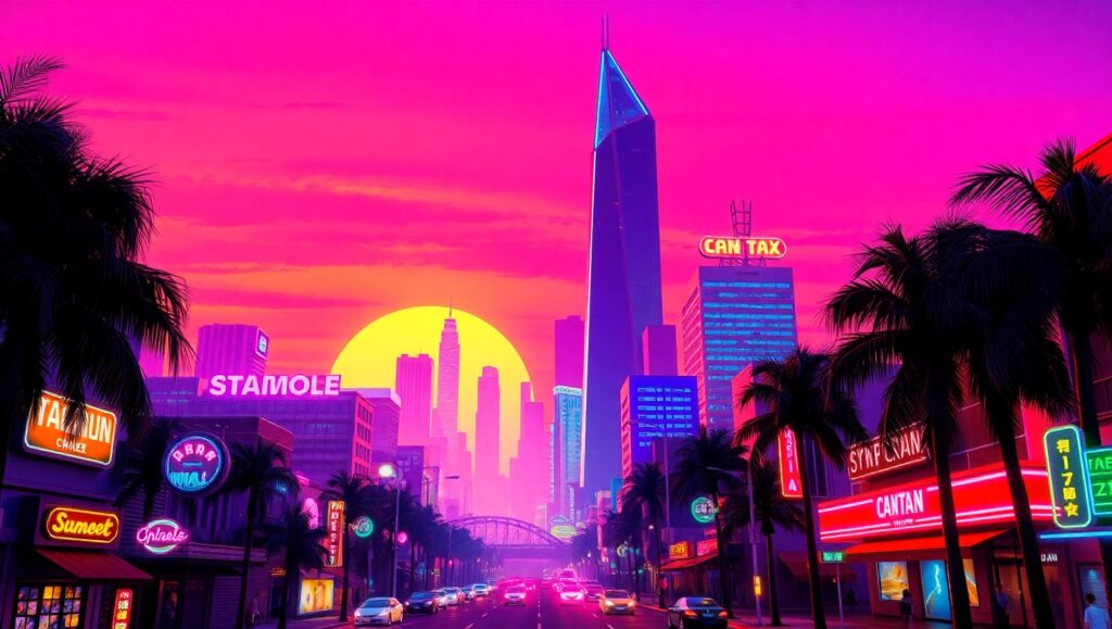 Neon Dreams in a Retro City – free AI stock image
