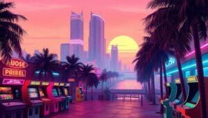 Neon Dreams in Retro City – free AI stock image