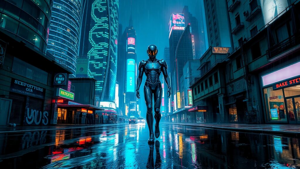 Neon Dreams of a Cyber City – free AI stock image