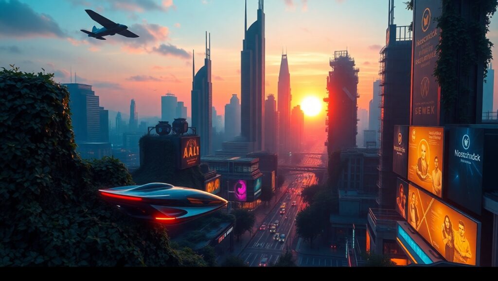 Neon Dreams of a Future City – free AI stock image