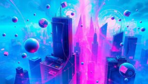 Neon Dreams of a Glitched City – free AI stock image