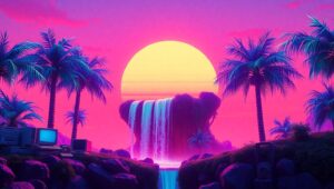 Neon Dreams of a Glitchy Paradise – free AI stock image