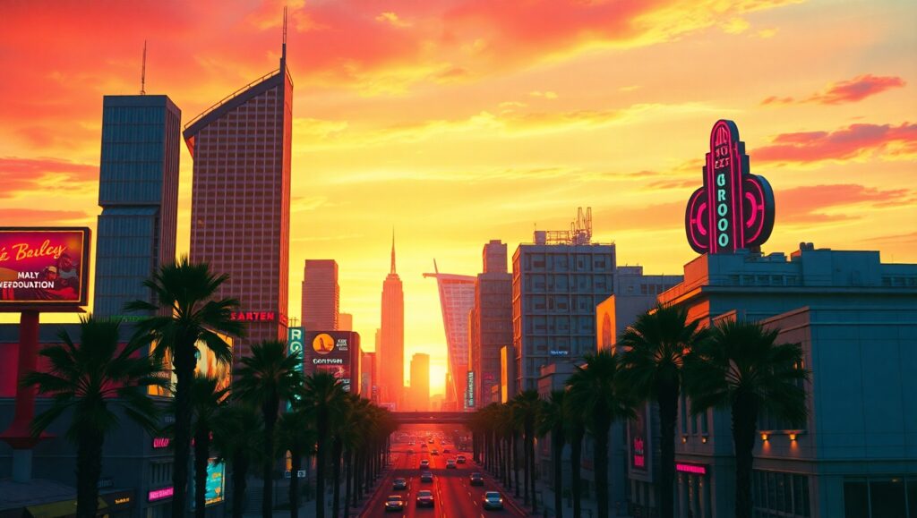 Neon Dreams of Retro Cities – free AI stock image