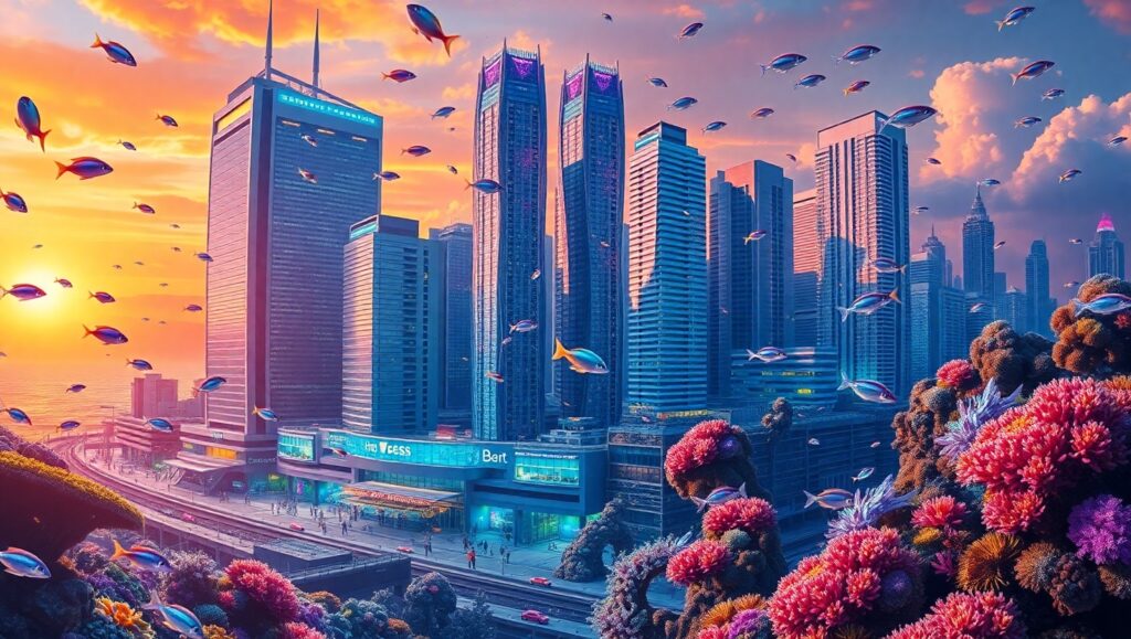 Neon Dreams Underwater Cityscape – free AI stock image