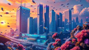Neon Dreams Underwater Cityscape – free AI stock image