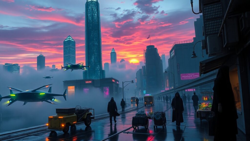 Neon Dusk in Futuristic City – free AI stock image