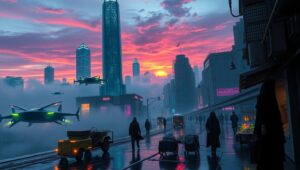 Neon Dusk in Futuristic City – free AI stock image