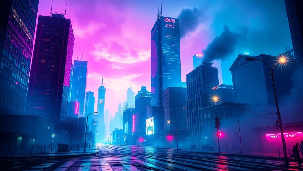 Neon Dystopia in Glitch Style – free AI stock image