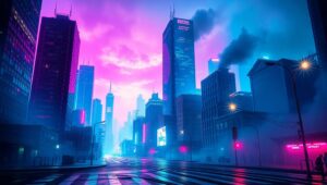 Neon Dystopia in Glitch Style – free AI stock image