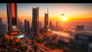 Neon Futurism: City at Dusk – free AI stock image