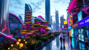 Neon Gardens of Tomorrow – free AI stock image