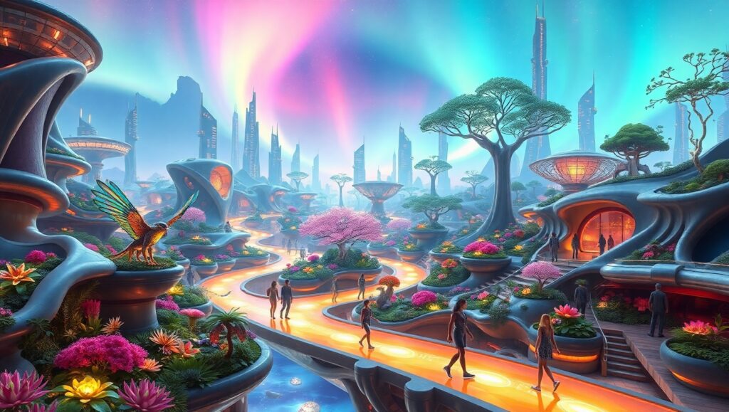 Neon Gardens of Tomorrow – free AI stock image