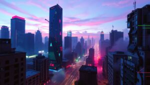 Neon Glitch Cityscape at Dusk – free AI stock image