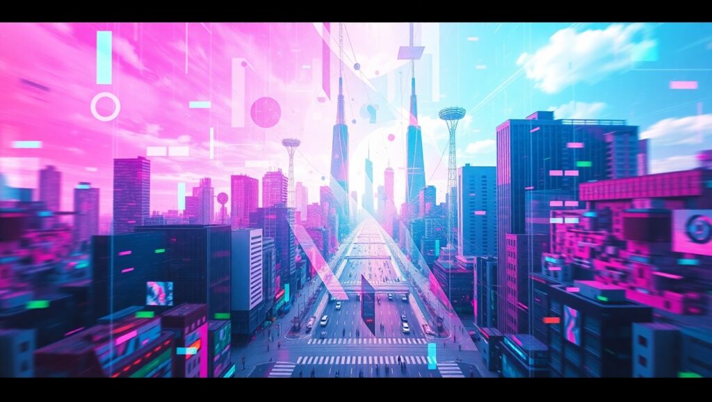 Neon Glitches in Urban Skies – free AI stock image