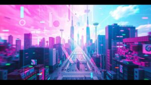Neon Glitches in Urban Skies – free AI stock image