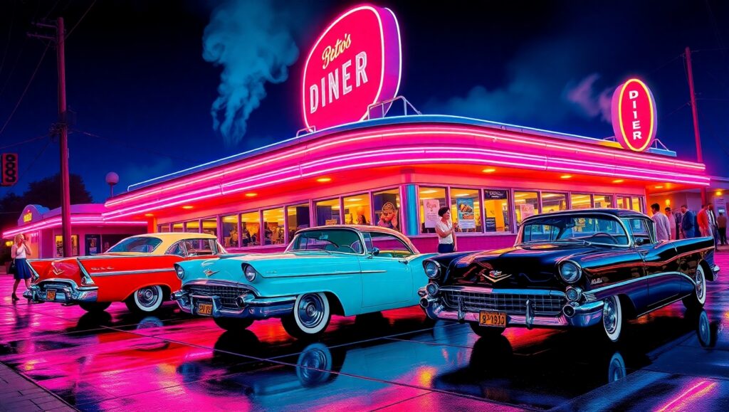 Neon Glow at the Vintage Diner – free AI stock image