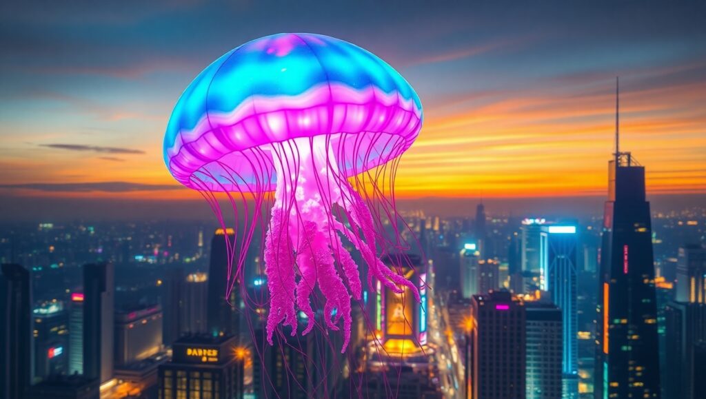 Neon Jellyfish Over Cityscape – free AI stock image