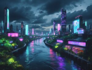 Neon-Lit River in a Cyberpunk Cityscape – free AI stock image