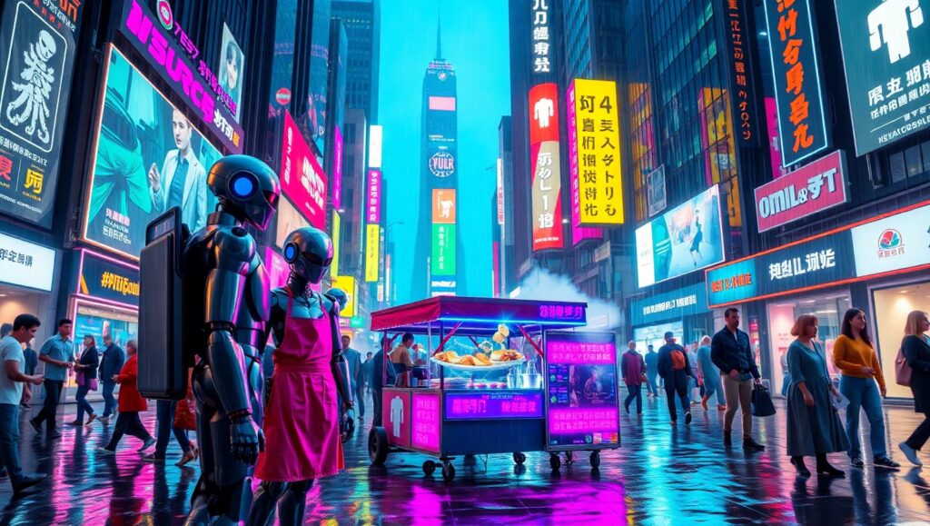Neon Market in Cyber City – free AI stock image
