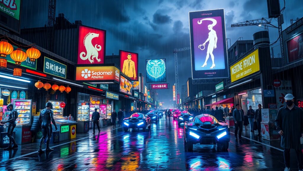 Neon Market in Cyberpunk City – free AI stock image